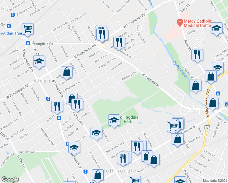 map of restaurants, bars, coffee shops, grocery stores, and more near 386 Westmont Drive in Collingdale