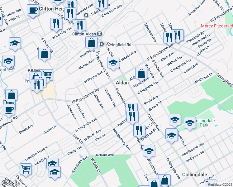 map of restaurants, bars, coffee shops, grocery stores, and more near 36 South Woodlawn Avenue in Aldan