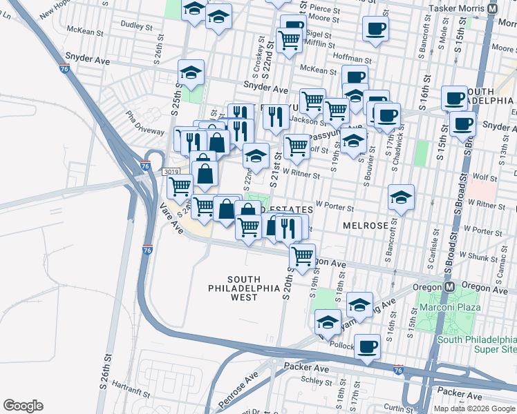 map of restaurants, bars, coffee shops, grocery stores, and more near 2117 West Porter Street in Philadelphia