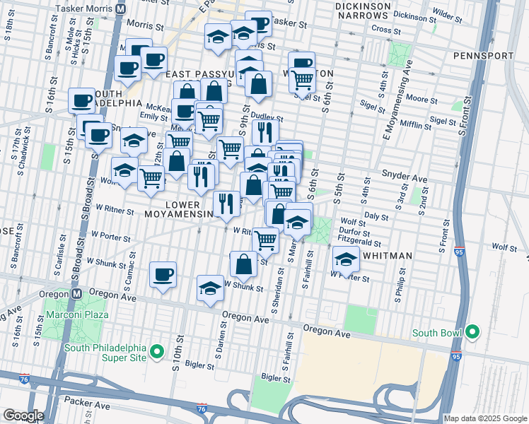 map of restaurants, bars, coffee shops, grocery stores, and more near 728 West Moyamensing Avenue in Philadelphia