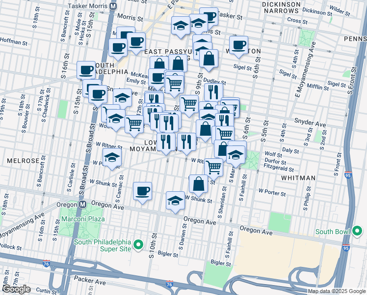 map of restaurants, bars, coffee shops, grocery stores, and more near 2323 South Percy Street in Philadelphia