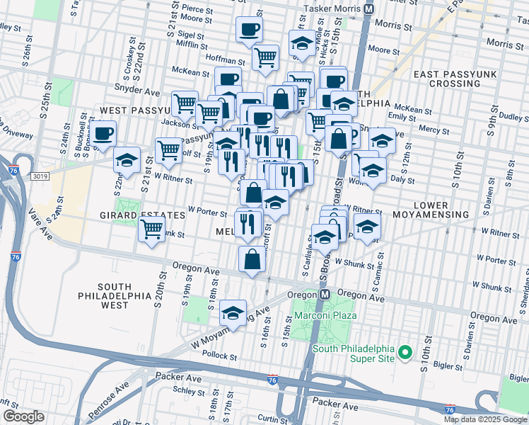 map of restaurants, bars, coffee shops, grocery stores, and more near 2437 South Chadwick Street in Philadelphia