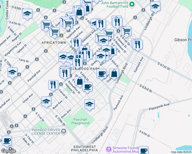 map of restaurants, bars, coffee shops, grocery stores, and more near 2638 South 65th Street in Philadelphia