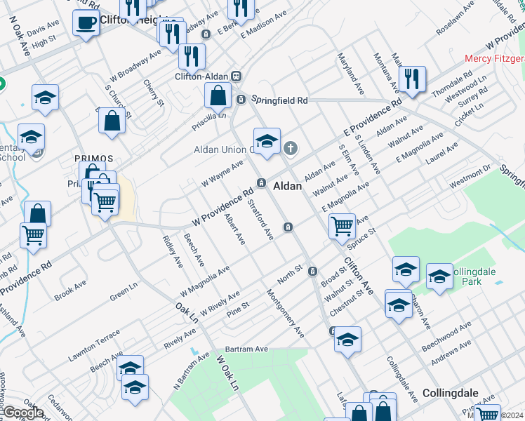map of restaurants, bars, coffee shops, grocery stores, and more near 25 Stratford Avenue in Aldan