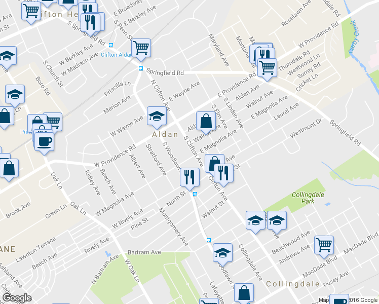 map of restaurants, bars, coffee shops, grocery stores, and more near 60 South Clifton Avenue in Aldan
