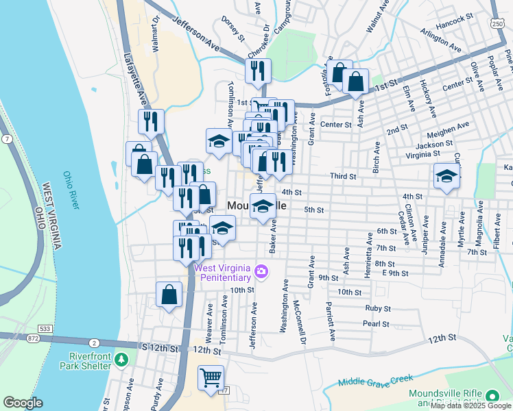 map of restaurants, bars, coffee shops, grocery stores, and more near in Moundsville