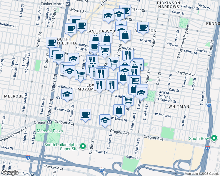 map of restaurants, bars, coffee shops, grocery stores, and more near 2323 South Percy Street in Philadelphia