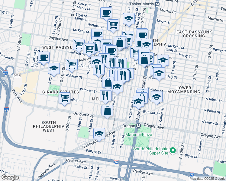 map of restaurants, bars, coffee shops, grocery stores, and more near 2437 South Chadwick Street in Philadelphia