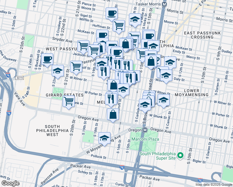 map of restaurants, bars, coffee shops, grocery stores, and more near 2436 South Chadwick Street in Philadelphia
