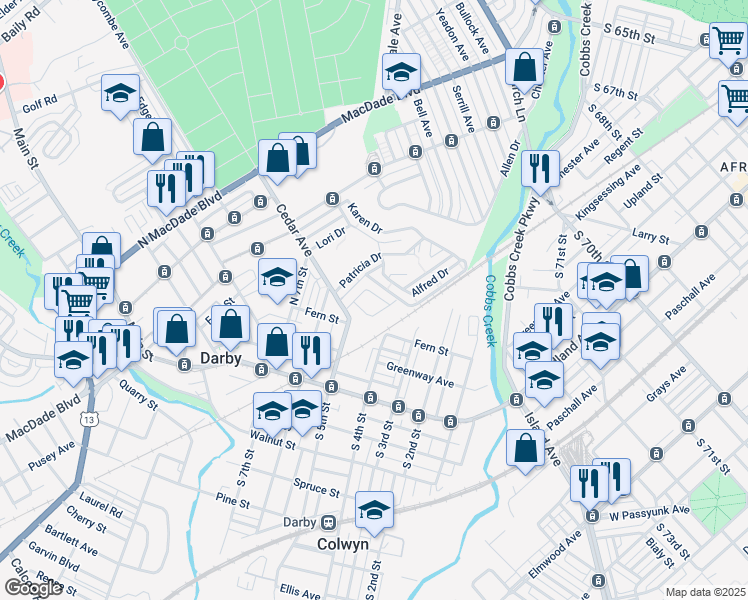 map of restaurants, bars, coffee shops, grocery stores, and more near 210 Londonderry Lane in Darby
