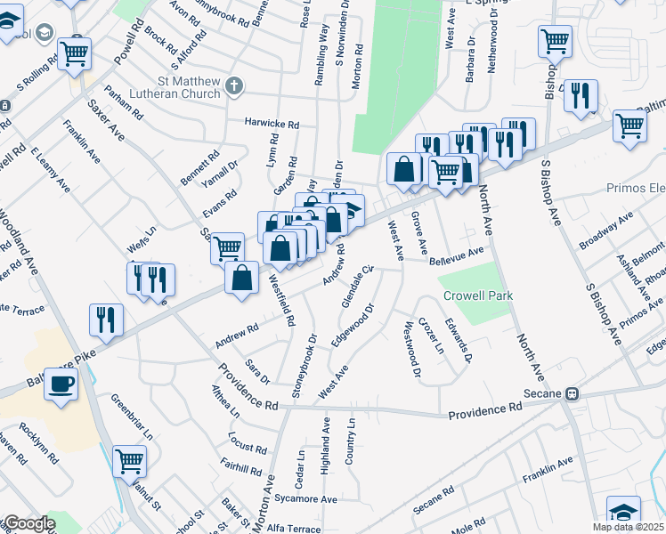 map of restaurants, bars, coffee shops, grocery stores, and more near 500 Andrew Drive in Springfield