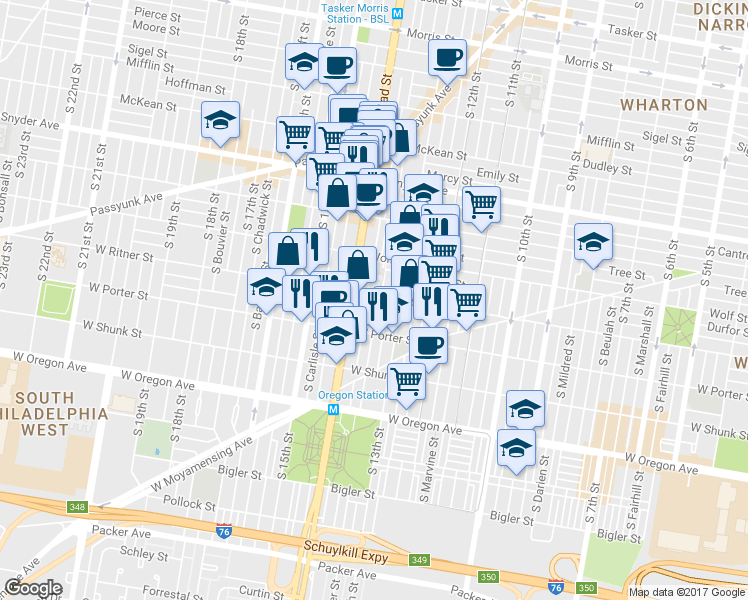 map of restaurants, bars, coffee shops, grocery stores, and more near 1330 West Ritner Street in Philadelphia