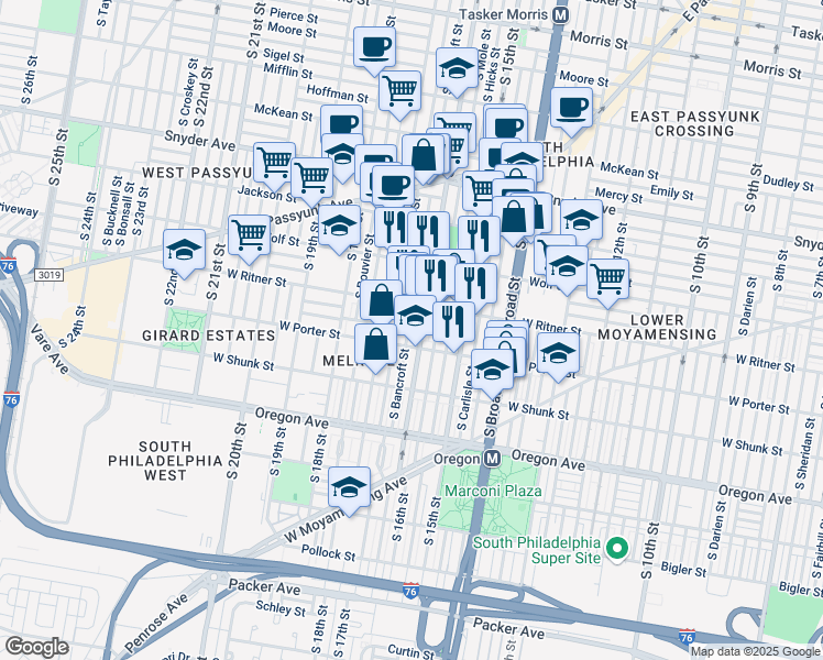 map of restaurants, bars, coffee shops, grocery stores, and more near 1602 West Ritner Street in Philadelphia