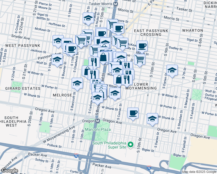 map of restaurants, bars, coffee shops, grocery stores, and more near 1330 West Ritner Street in Philadelphia
