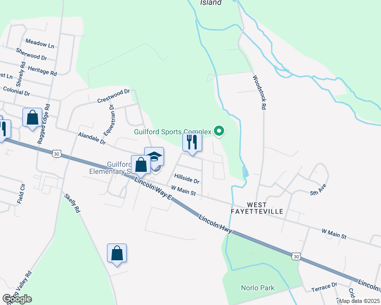 map of restaurants, bars, coffee shops, grocery stores, and more near 43 Sunny Lane in Chambersburg