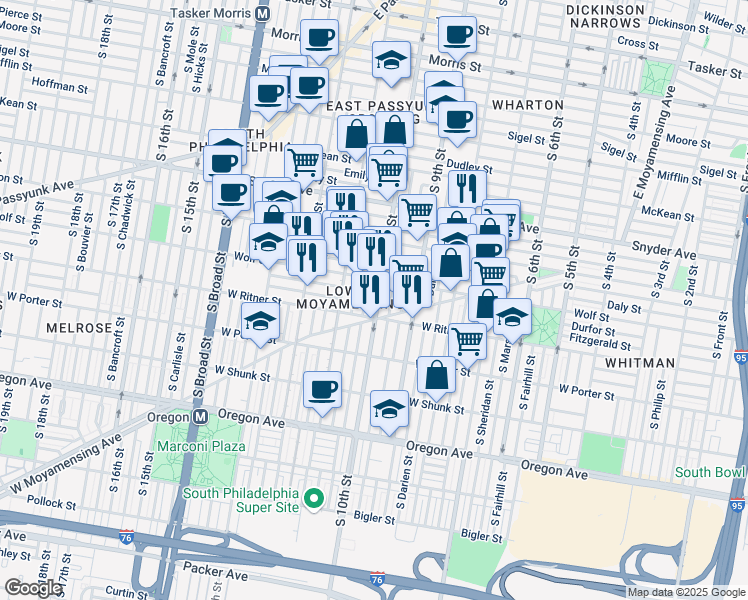 map of restaurants, bars, coffee shops, grocery stores, and more near 2326 South 10th Street in Philadelphia