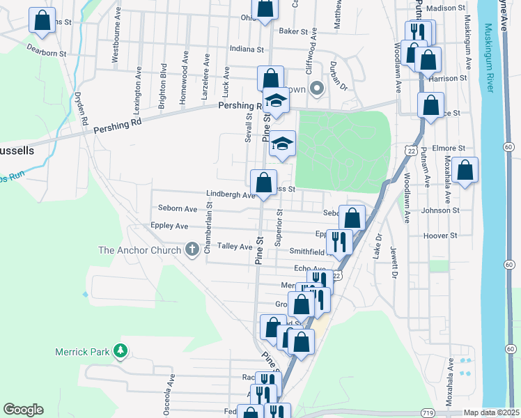 map of restaurants, bars, coffee shops, grocery stores, and more near 801 Seborn Avenue in Zanesville