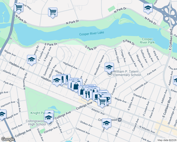 map of restaurants, bars, coffee shops, grocery stores, and more near 230 East Knight Avenue in Collingswood