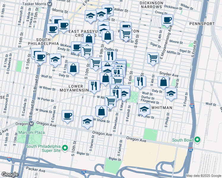 map of restaurants, bars, coffee shops, grocery stores, and more near 728 West Moyamensing Avenue in Philadelphia