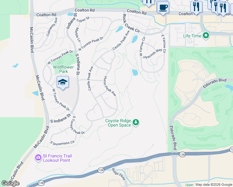 map of restaurants, bars, coffee shops, grocery stores, and more near 3464 Huron Peak Avenue in Superior