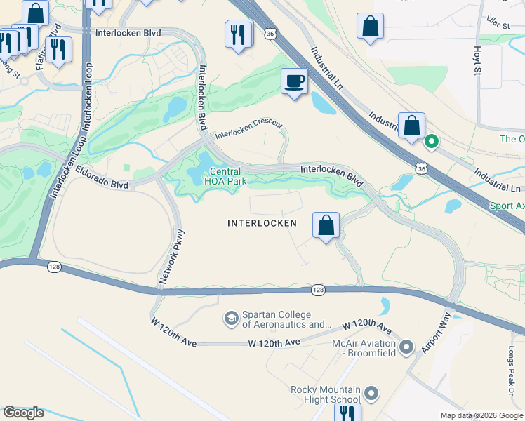 map of restaurants, bars, coffee shops, grocery stores, and more near 401 Interlocken Boulevard in Broomfield