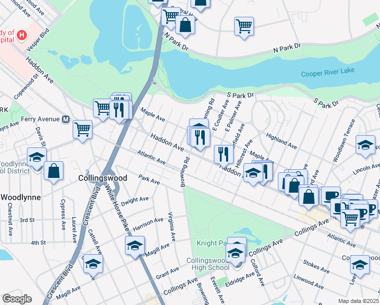 map of restaurants, bars, coffee shops, grocery stores, and more near Haddon Avenue & East Browning Road in Collingswood