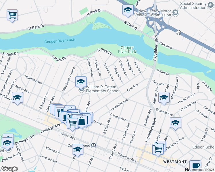 map of restaurants, bars, coffee shops, grocery stores, and more near 528 Woodlawn Avenue in Collingswood