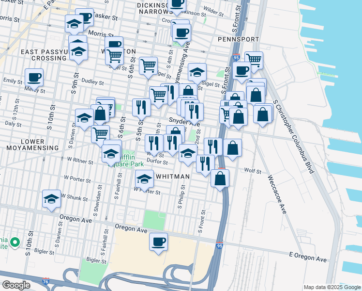 map of restaurants, bars, coffee shops, grocery stores, and more near 2145 South 3rd Street in Philadelphia