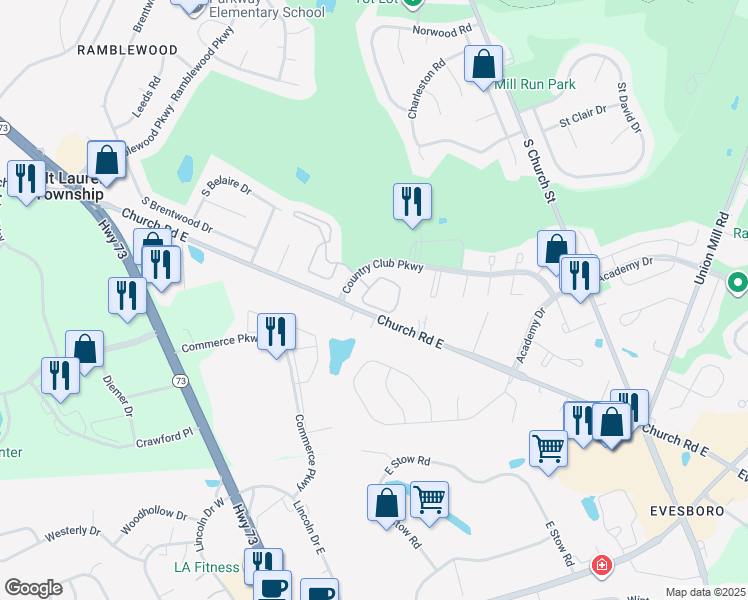 map of restaurants, bars, coffee shops, grocery stores, and more near 903 Cypress Point Circle in Mount Laurel Township