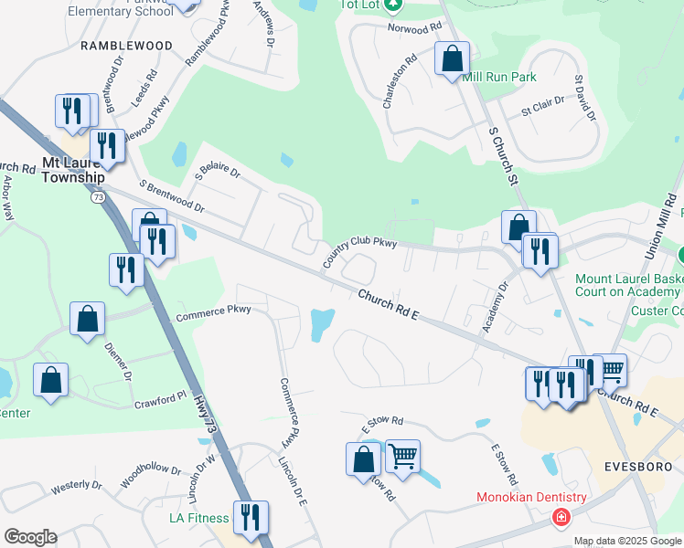 map of restaurants, bars, coffee shops, grocery stores, and more near 903 Cypress Point Circle in Mount Laurel Township