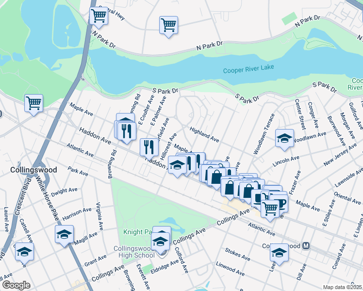 map of restaurants, bars, coffee shops, grocery stores, and more near 513 South Vineyard Boulevard in Collingswood