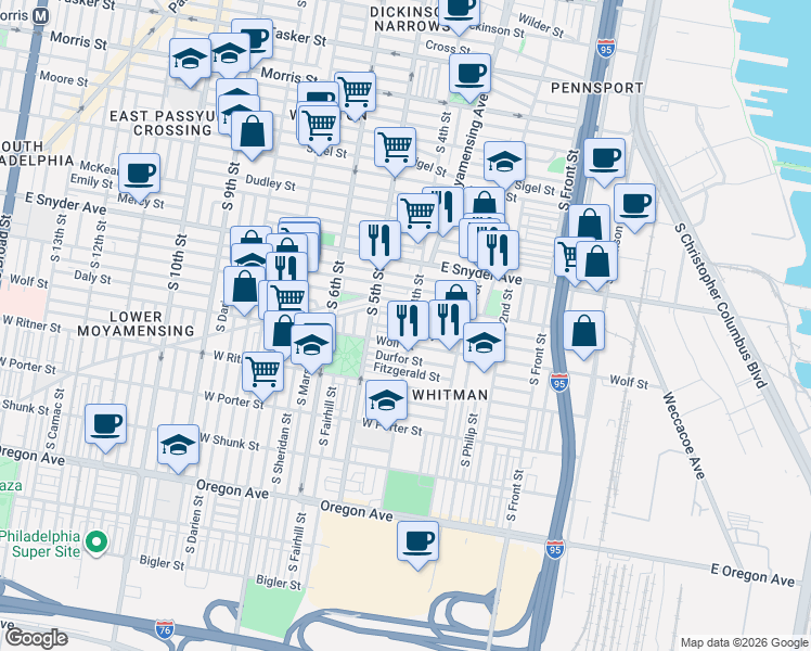 map of restaurants, bars, coffee shops, grocery stores, and more near 424 Jackson Street in Philadelphia