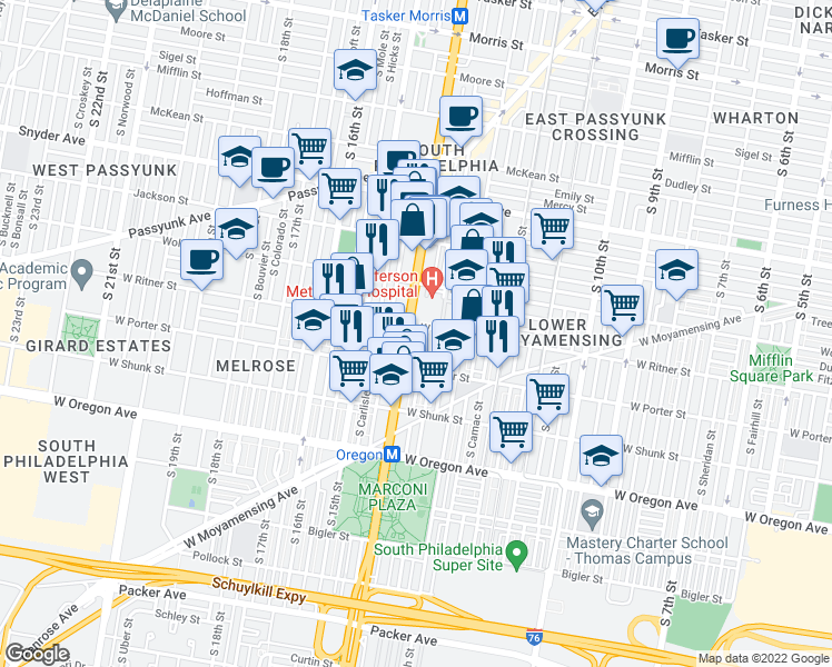 map of restaurants, bars, coffee shops, grocery stores, and more near 2301 South Broad Street in Philadelphia