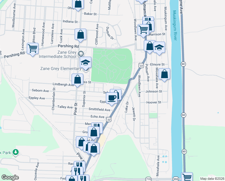 map of restaurants, bars, coffee shops, grocery stores, and more near 347 Spence Avenue in Zanesville