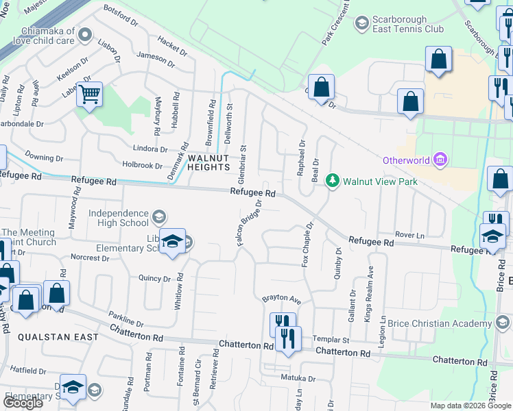 map of restaurants, bars, coffee shops, grocery stores, and more near 5321 Refugee Road in Columbus