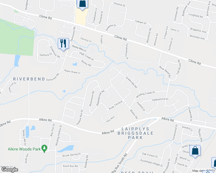 map of restaurants, bars, coffee shops, grocery stores, and more near 1622 Bluhm Road in Columbus