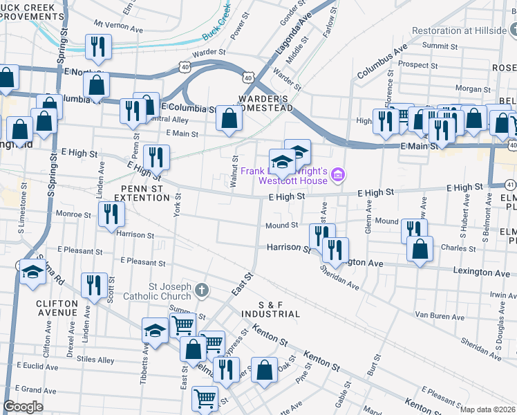 map of restaurants, bars, coffee shops, grocery stores, and more near 928 East High Street in Springfield