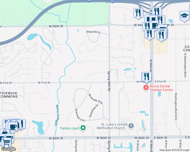 map of restaurants, bars, coffee shops, grocery stores, and more near 474 West 92nd Street in Indianapolis