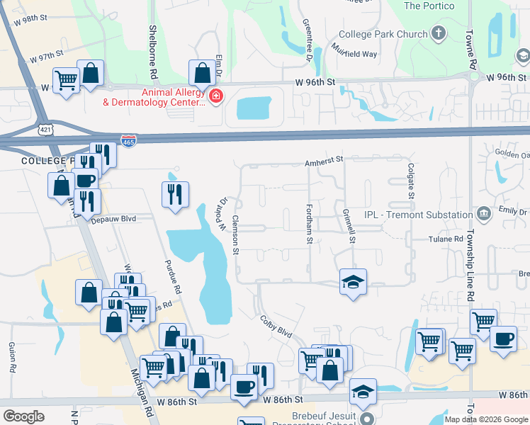 map of restaurants, bars, coffee shops, grocery stores, and more near 3125 Albright Court in Indianapolis