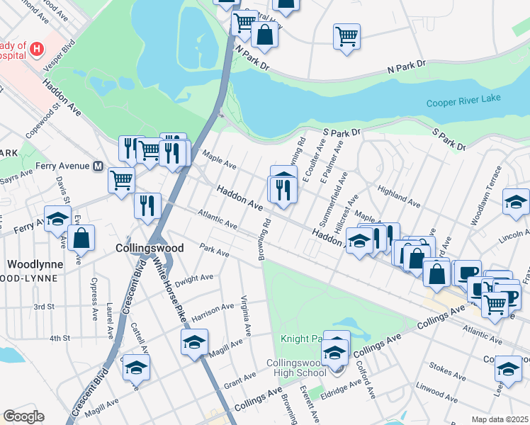 map of restaurants, bars, coffee shops, grocery stores, and more near 19 East Browning Road in Collingswood