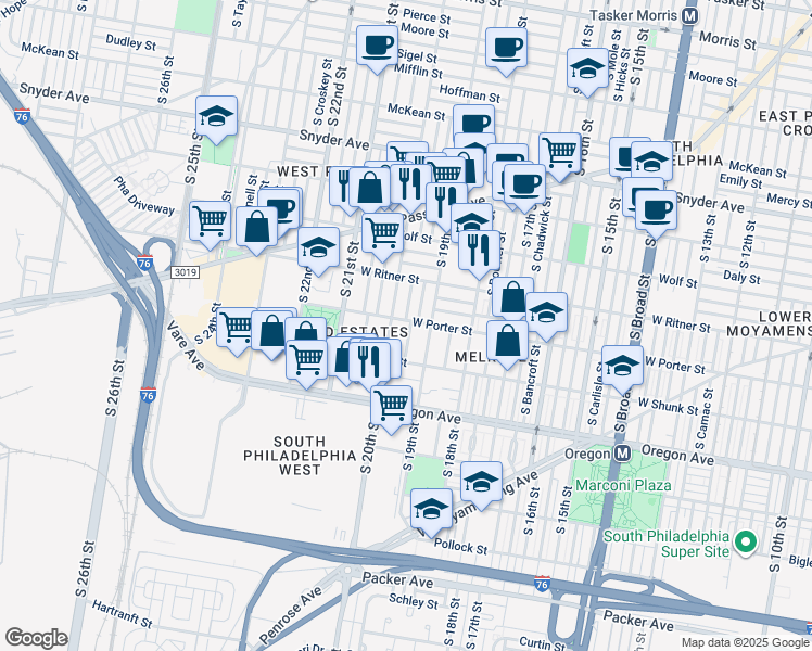 map of restaurants, bars, coffee shops, grocery stores, and more near 2500 South Garnet Street in Philadelphia