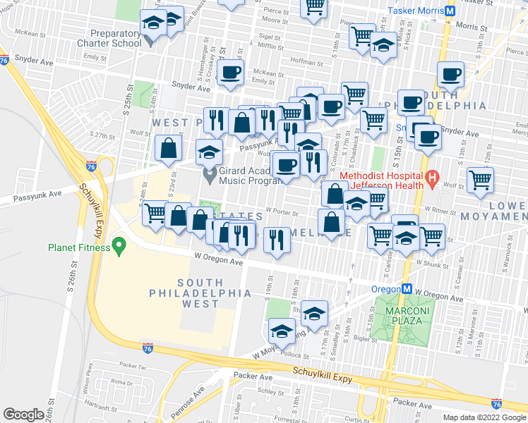 map of restaurants, bars, coffee shops, grocery stores, and more near 2500 South Garnet Street in Philadelphia