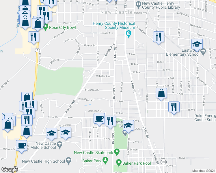 map of restaurants, bars, coffee shops, grocery stores, and more near 1227 Audubon Road in New Castle