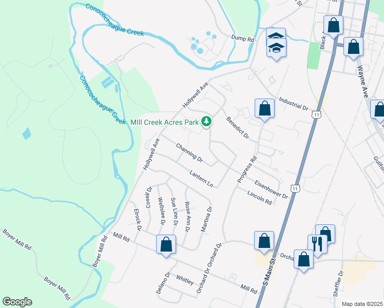 map of restaurants, bars, coffee shops, grocery stores, and more near 324 Channing Drive in Chambersburg