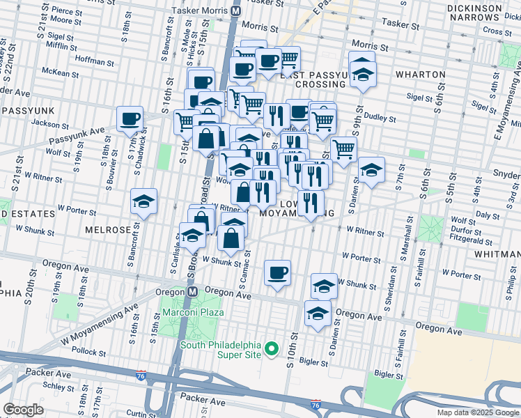map of restaurants, bars, coffee shops, grocery stores, and more near 2334 South 12th Street in Philadelphia
