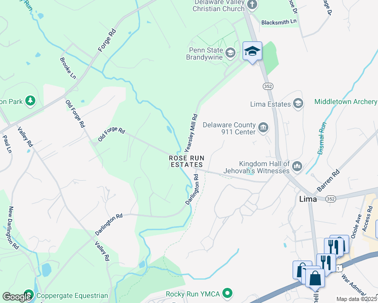 map of restaurants, bars, coffee shops, grocery stores, and more near 130 Yearsley Mill Road in Media