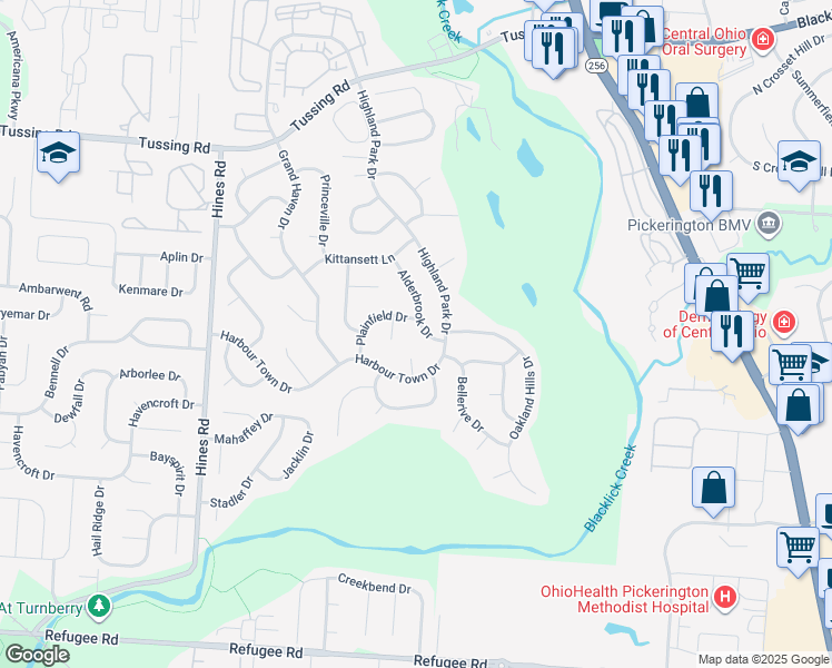 map of restaurants, bars, coffee shops, grocery stores, and more near 3143 Alderbrook Drive in Pickerington