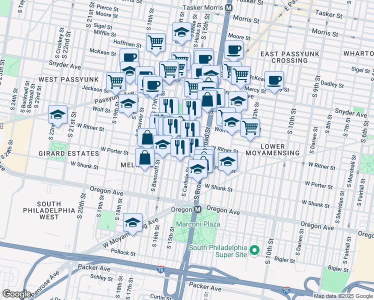 map of restaurants, bars, coffee shops, grocery stores, and more near 2415 South 15th Street in Philadelphia