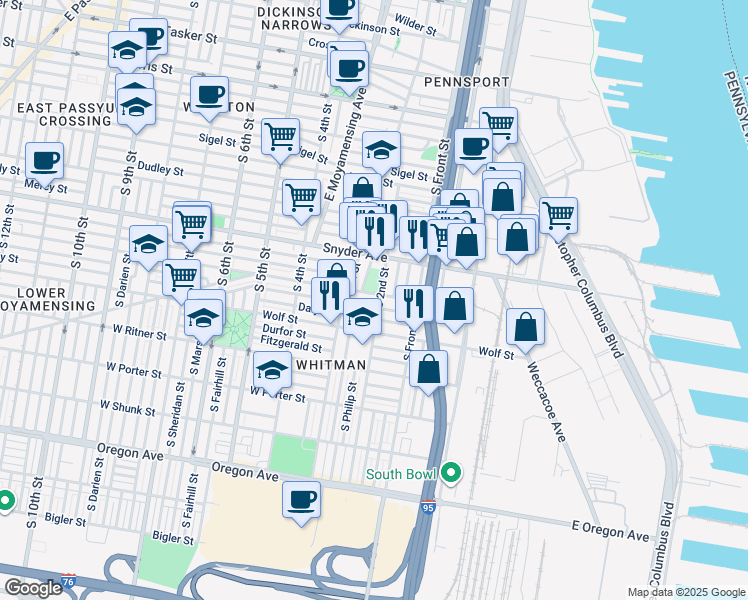 map of restaurants, bars, coffee shops, grocery stores, and more near 204 Jackson Street in Philadelphia