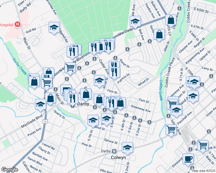 map of restaurants, bars, coffee shops, grocery stores, and more near 214 Wright Avenue in Darby